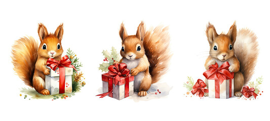 happy cute squirrel with christmas gift watercolor ai generated - obrazy, fototapety, plakaty