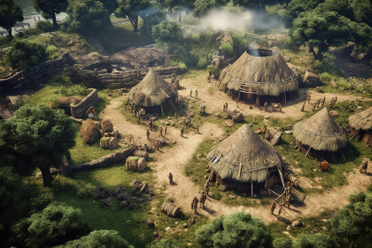 Prehistoric human settlement with people living there, AI generated illustration.