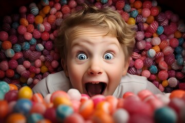 Fototapeta na wymiar A child's face lighting up upon seeing a spread of candies, embodying innocence and joy.