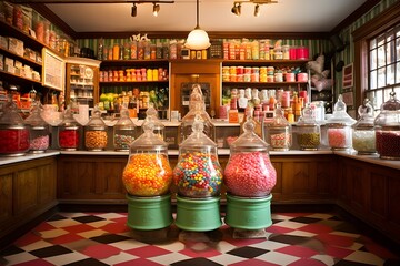 The charming interior of an old-fashioned candy store, filled with jars of sweets, invoking nostalgia. - obrazy, fototapety, plakaty