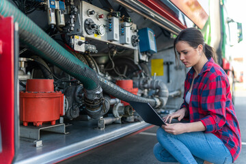 Truck driver holding a laptop,crouching next to the truck and checking the fuel level in the tank,...