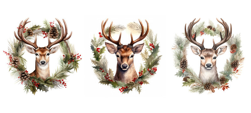 tree deer in christmas wreath watercolor ai generated