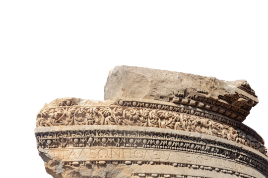 Upper part of ancient monument in old Antalya with floral ornament and fragment of inscription (devotion to Roman gods in greek language). Isolated, transparency background. Antalya, Turkey