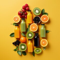 Flat lay composition with bottles of delicious juices and fresh ingredients on orange background Generative AI