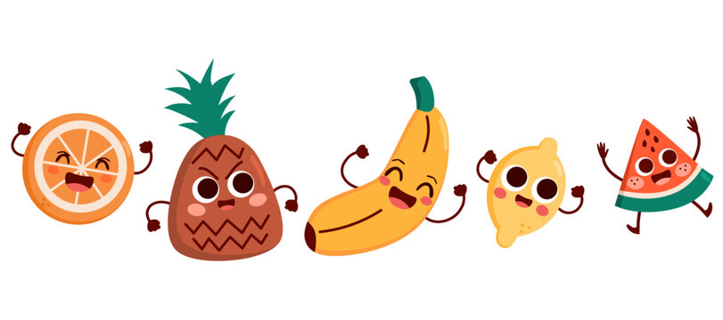 Vector illustration of funny colourful set collection of cute fruits. Eat healthy concept