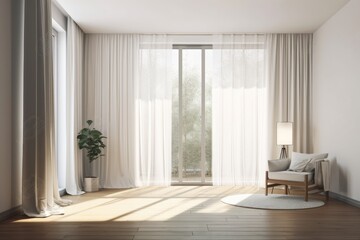 Interior of a modern, white, empty room with a wooden floor and a curtain. illustration. Generative AI