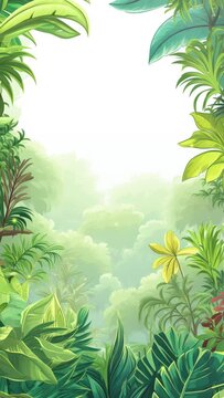 Beautiful tropical rainforest with cliffs and tree. Cartoon or anime watercolor painting illustration style. seamless virtual vertical video animation background.