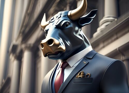 bull wearing an suit. Stock market concept illustration, generative ai