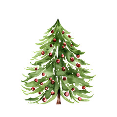 Vector watercolor Christmas tree with balls isolated on white