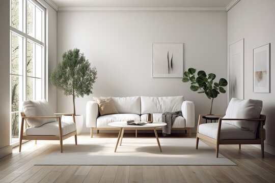 Interior of a contemporary white living room with a white sofa, small entrances, and a wooden floor. Two mock up black armchairs. Generative AI