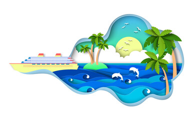 Fototapeta na wymiar Sea cruise liner in ocean over tropical island with palm trees