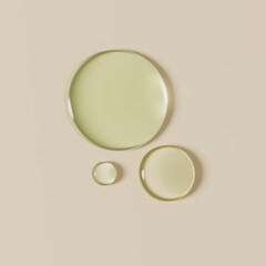 Liquid cosmetic product round drops. Serum test, moisturizer swatches, circles of water 3d rendering