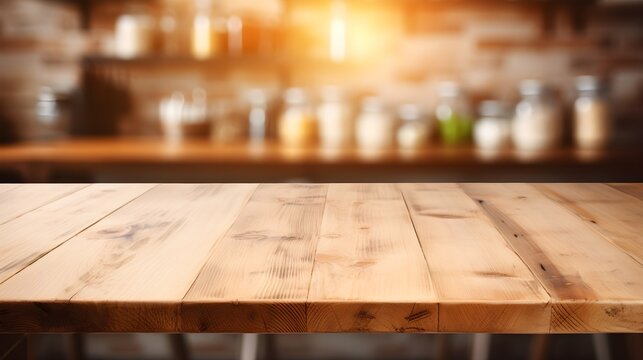 wooden table in the restaurant against the background of a brick wall and kitchen utensils