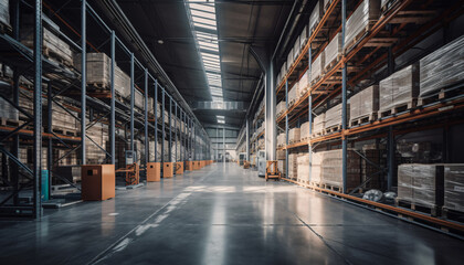 Fototapeta premium Modern warehouse with racks, boxes and containers, AI generated