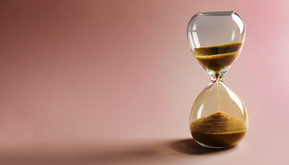 Hourglass with flowing sand on color background. Space for text