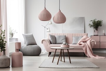 Interior with pink hanging lamps, a vase, and a sitting sofa with pillows. Generative AI