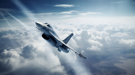 Jet fighter soaring above clouds - obrazy, fototapety, plakaty