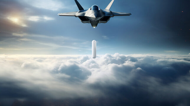 Jet Airplane Soars above a Mysterious Tic Tac UAP. Generative AI.