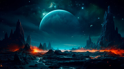 View from alien planet - a fantasy blue landscape with stars, nebula and clouds