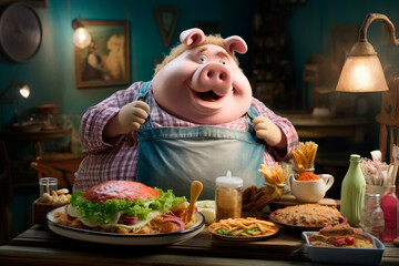 Pig eating junk food, obesity problems, unhealthy lifestyle - obrazy, fototapety, plakaty