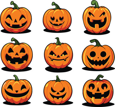 Vector set of Halloween Pumpkins with Carved Jack-O-Lantern Faces.