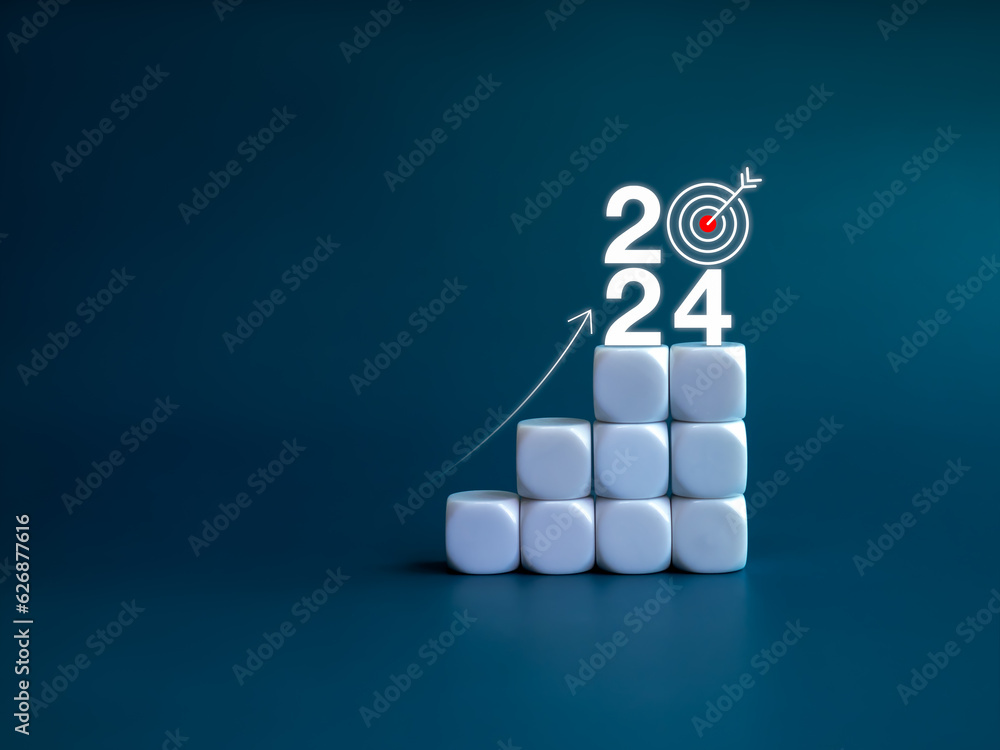 Poster 2024 year number with target icon and rise up arrow on white blocks as a graph steps on blue backgro