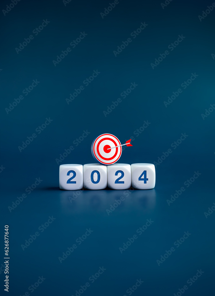 Poster the calendar year 2024 with goal and success concept. 3d target icon on white cube blocks with 2024,