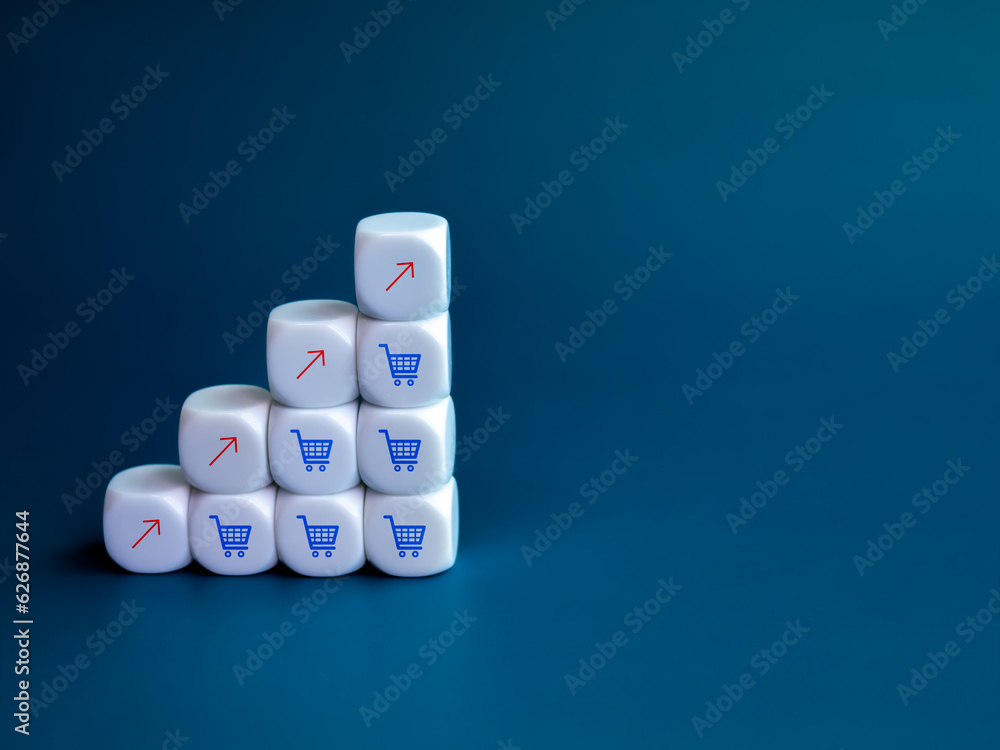Poster red rise up arrow and blue shopping cart trolley icons on white cube block stack as a growth graph s