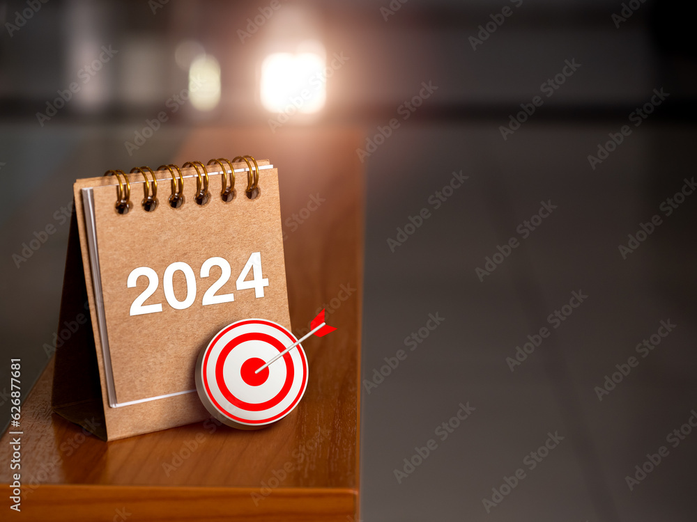 Aufkleber happy new year 2024 banner background. 3d target icon with 2024 numbers year on brown small desk cal