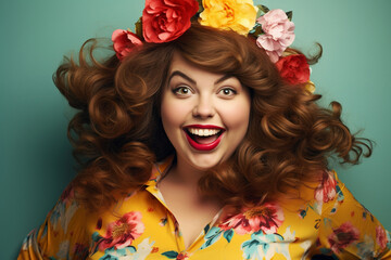 portrait of young plus sized woman wearing a flower croun in pastel clothes on a pastel background, studio shot