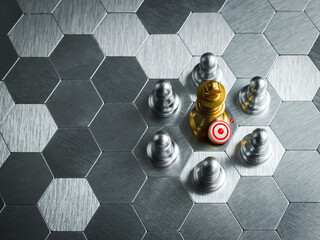 3d target icon with golden pawn standing center in group of silver pawn chess pieces on hexagon...