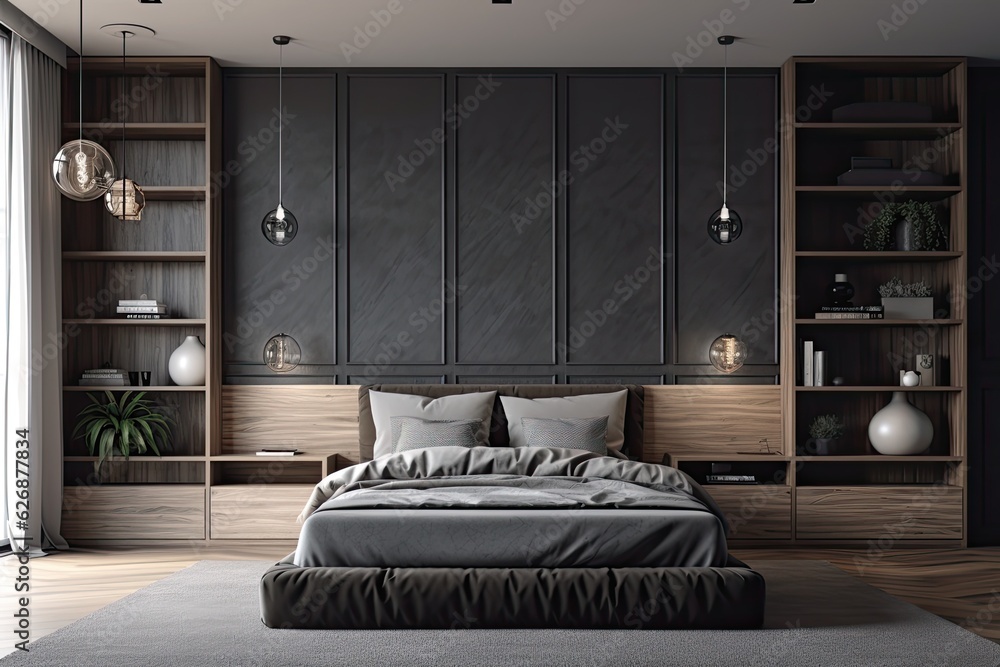 Sticker Interior of a luxurious bedroom featuring black and gray walls, a bookcase, a double bed, two nightstands, and a wooden floor. vertical billboard Side. a mockup. Generative AI