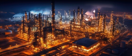 Fototapeta premium oil refinery field at night, the petrochemical industry, Generative AI