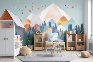 Interior side view of a children's room with a blue chair, bookcases, and poster hanging over the bed. wallpaper with mountains. a mockup. Generative AI