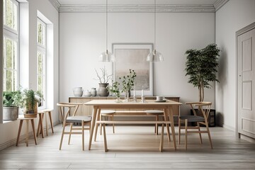 Interior scene and mockup, dining room in Scandinavian style with white walls made of wood. Generative AI