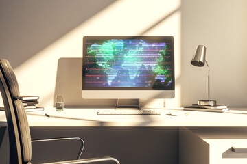 Modern computer monitor with abstract digital world map, research and strategy concept. 3D Rendering