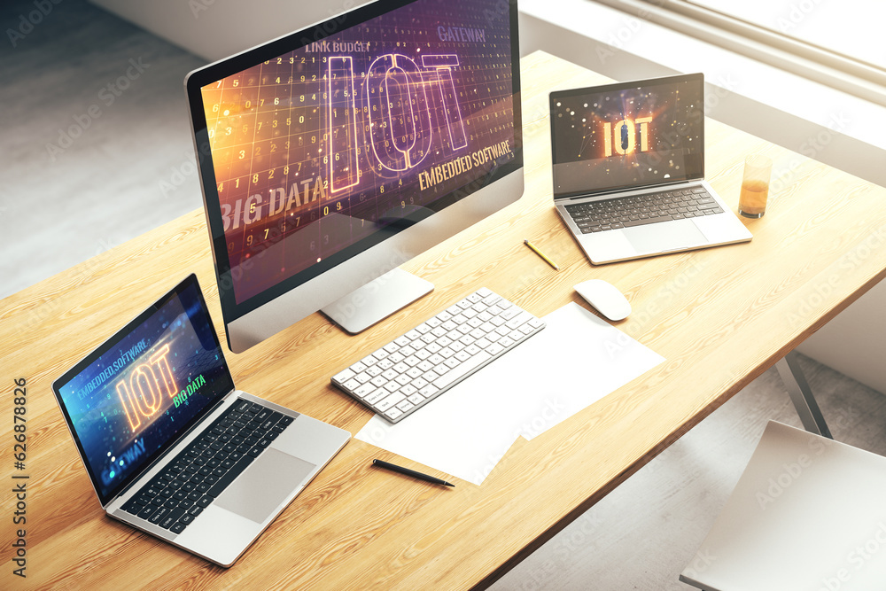 Poster modern computer monitor with creative iot hologram, research and development concept. 3d rendering