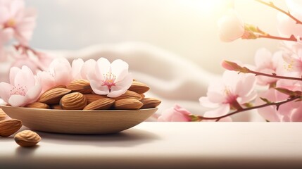 Almond nuts in a bowl with almond blossoms, Generative AI