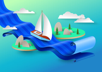 Fototapeta na wymiar Sea voyage on sailboat vector illustration in papercut style