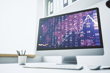 Fototapeta premium Modern computer screen with abstract creative financial chart with world map, research and analytics concept. 3D Rendering