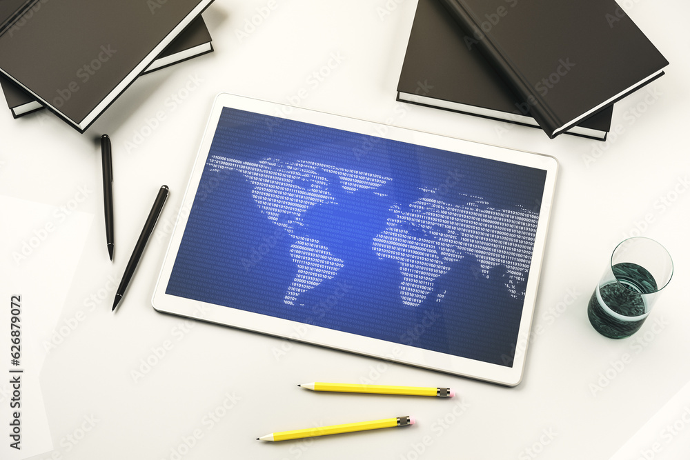 Aufkleber Modern digital tablet display with abstract creative world map, research and analytics concept. Top view. 3D Rendering
