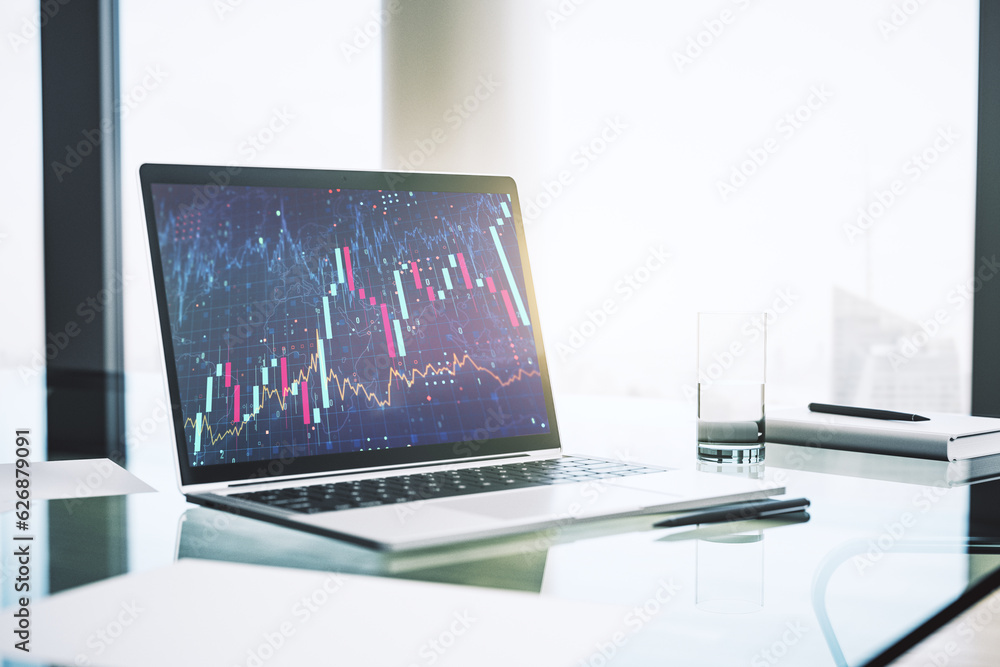 Poster computer monitor with abstract financial graph, finance and trading concept. 3d rendering