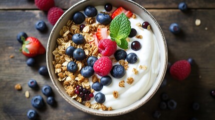 Healthy breakfast bowl with greek yogurt, oat granola and fruits.  Weight loss, healthy lifestyle and eating concept. Generative AI