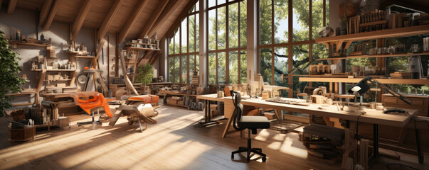 modern wood working room with tools, bright room with windows, woodworking workshop