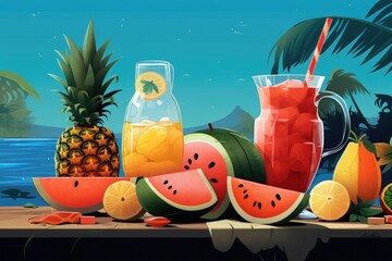 Tropical Fruit Drinks Illustration - obrazy, fototapety, plakaty