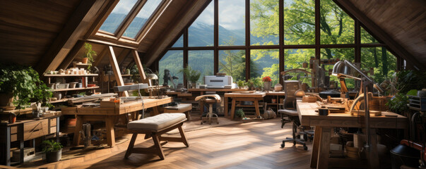 modern wood working room with tools, bright room with windows, woodworking workshop