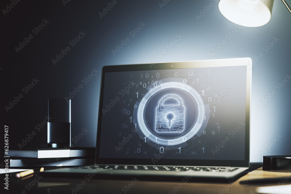 Poster Creative lock sketch with chip hologram on modern computer monitor, protection of personal data concept. 3D Rendering