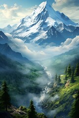 Naklejka premium Generative AI, Misty fir forest beautiful landscape in hipster vintage retro style, foggy mountains and trees.