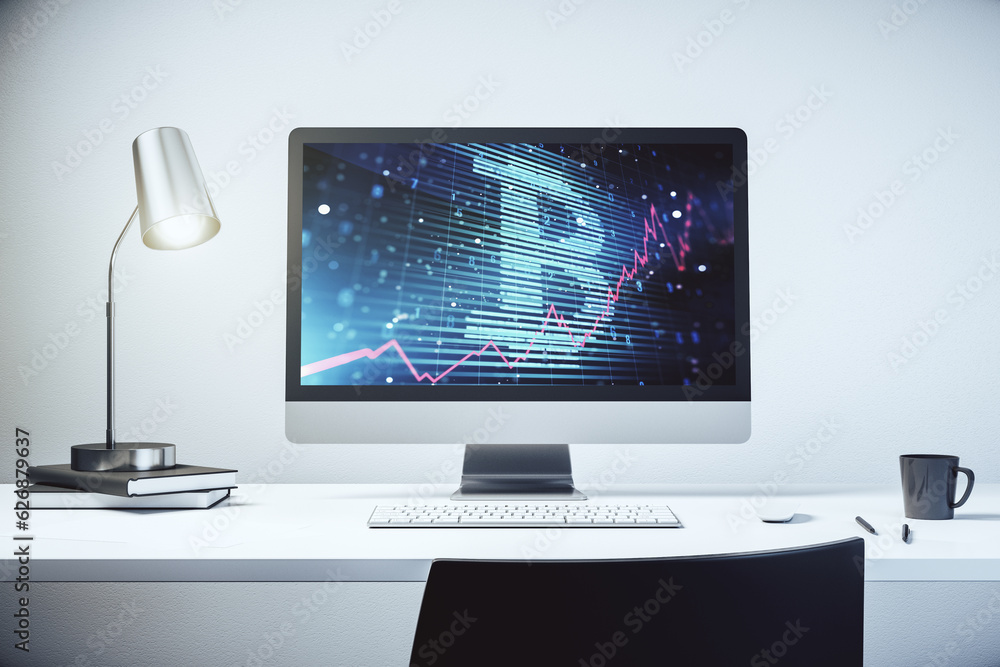 Aufkleber Modern computer display with creative Bitcoin symbol hologram. Mining and blockchain concept. 3D Rendering