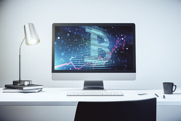 Modern computer display with creative Bitcoin symbol hologram. Mining and blockchain concept. 3D Rendering